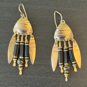 Tabra Tunoa Vintage Earrings - Black Onyx, Black & Gold Bead and Gold Leaf